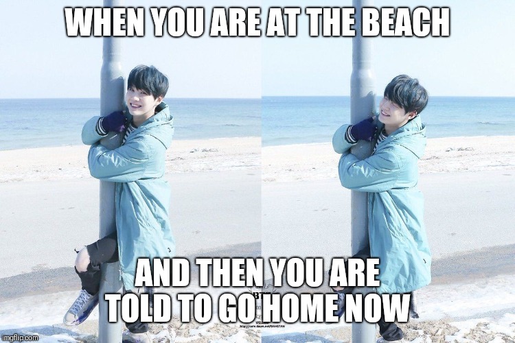 WHEN YOU ARE AT THE BEACH; AND THEN YOU ARE TOLD TO GO HOME NOW | image tagged in minyoongimeme | made w/ Imgflip meme maker