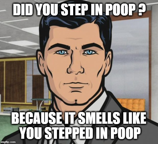 Archer | DID YOU STEP IN POOP ? BECAUSE IT SMELLS LIKE YOU STEPPED IN POOP | image tagged in memes,archer,dog poop,dog memes,poop,smelly | made w/ Imgflip meme maker
