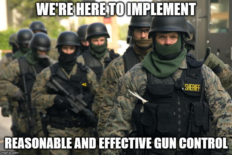 SWAT | WE'RE HERE TO IMPLEMENT; REASONABLE AND EFFECTIVE GUN CONTROL | image tagged in memes | made w/ Imgflip meme maker