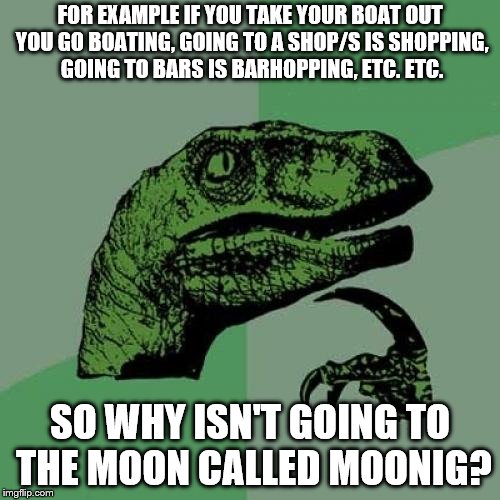 Philosoraptor Meme | FOR EXAMPLE IF YOU TAKE YOUR BOAT OUT YOU GO BOATING, GOING TO A SHOP/S IS SHOPPING, GOING TO BARS IS BARHOPPING, ETC. ETC. SO WHY ISN'T GOING TO THE MOON CALLED MOONIG? | image tagged in memes,philosoraptor | made w/ Imgflip meme maker