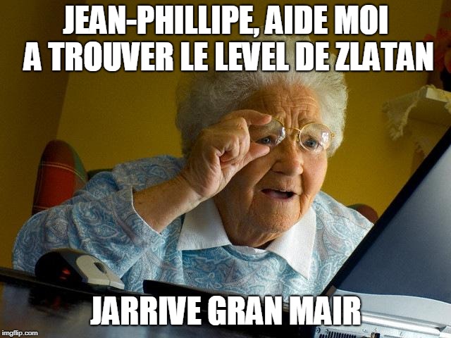 Grandma Finds The Internet Meme | JEAN-PHILLIPE, AIDE MOI A TROUVER LE LEVEL DE ZLATAN; JARRIVE GRAN MAIR | image tagged in memes,grandma finds the internet | made w/ Imgflip meme maker