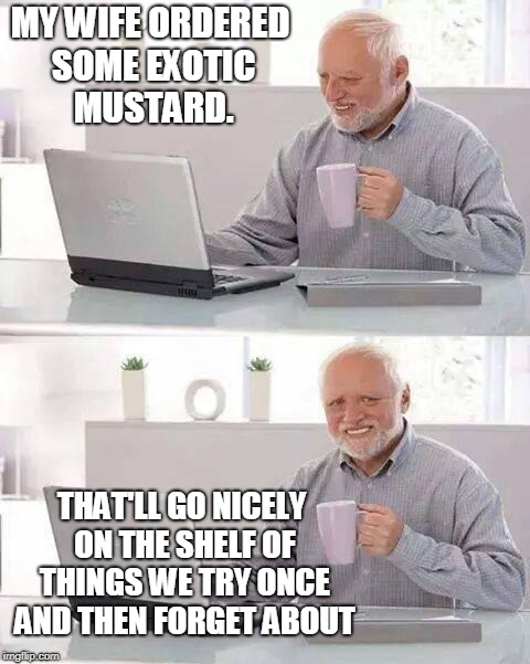 Hide the Pain Harold | MY WIFE ORDERED SOME EXOTIC MUSTARD. THAT'LL GO NICELY ON THE SHELF OF THINGS WE TRY ONCE AND THEN FORGET ABOUT | image tagged in memes,hide the pain harold,food,foods | made w/ Imgflip meme maker