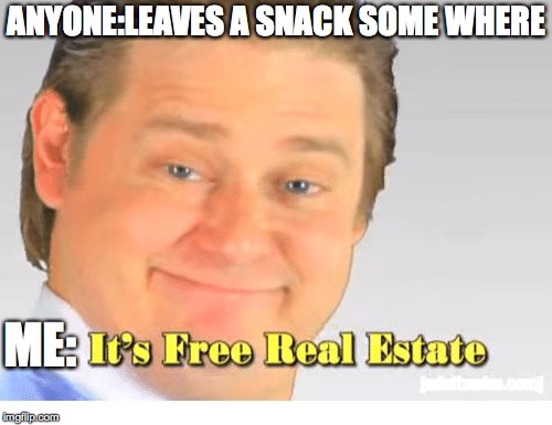 It's Free Real Estate | ANYONE:LEAVES A SNACK SOME WHERE; ME: | image tagged in it's free real estate | made w/ Imgflip meme maker