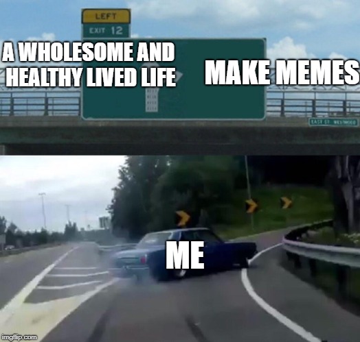 Left Exit 12 Off Ramp Meme | MAKE MEMES; A WHOLESOME AND HEALTHY LIVED LIFE; ME | image tagged in memes,left exit 12 off ramp | made w/ Imgflip meme maker