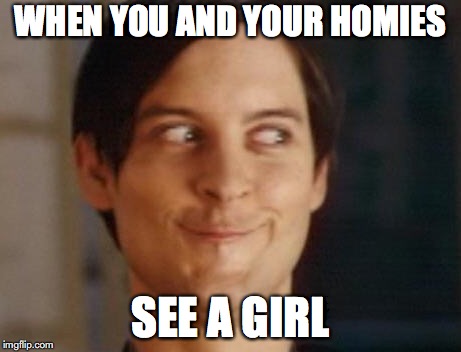 Spiderman Peter Parker Meme | WHEN YOU AND YOUR HOMIES; SEE A GIRL | image tagged in memes,spiderman peter parker | made w/ Imgflip meme maker