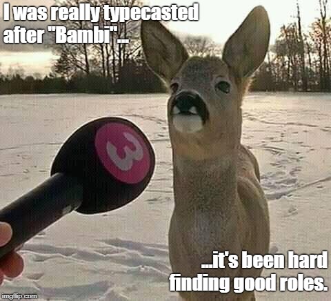 Bambi typecasted | I was really typecasted after "Bambi"... ...it's been hard finding good roles. | image tagged in bad luck bambi,bambi | made w/ Imgflip meme maker