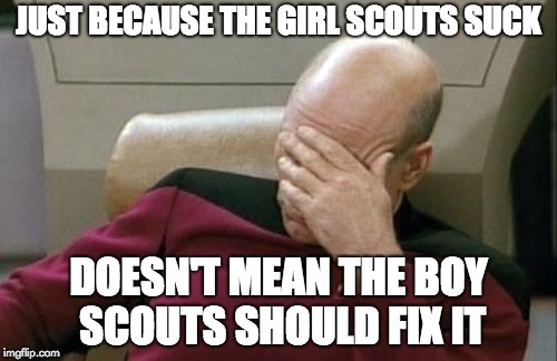 Captain Picard Facepalm | JUST BECAUSE THE GIRL SCOUTS SUCK; DOESN'T MEAN THE BOY SCOUTS SHOULD FIX IT | image tagged in memes,captain picard facepalm | made w/ Imgflip meme maker