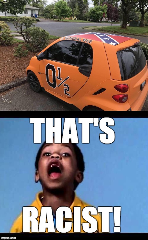 That car is a little too racist  | THAT'S; RACIST! | image tagged in that's racist,general lee,confederate flag,smart car,memes | made w/ Imgflip meme maker