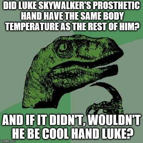 let's all give luke skywalker a great big hand | DID LUKE SKYWALKER'S PROSTHETIC HAND HAVE THE SAME BODY TEMPERATURE AS THE REST OF HIM? AND IF IT DIDN'T, WOULDN'T HE BE COOL HAND LUKE? | image tagged in memes,philosoraptor | made w/ Imgflip meme maker