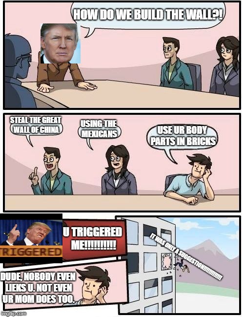 Boardroom Meeting Suggestion | HOW DO WE BUILD THE WALL?! STEAL THE GREAT WALL OF CHINA; USING THE MEXICANS; USE UR BODY PARTS IN BRICKS; U TRIGGERED ME!!!!!!!!!! IT WAS ONLY A SUGGESTION!!!!!!!!!!!!! DUDE, NOBODY EVEN LIEKS U. NOT EVEN UR MOM DOES TOO. | image tagged in memes,boardroom meeting suggestion | made w/ Imgflip meme maker