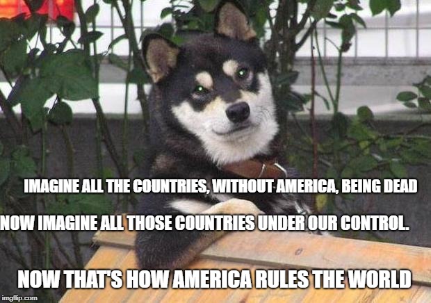 Cool dog | IMAGINE ALL THE COUNTRIES, WITHOUT AMERICA, BEING DEAD; NOW IMAGINE ALL THOSE COUNTRIES UNDER OUR CONTROL. NOW THAT'S HOW AMERICA RULES THE WORLD | image tagged in cool dog | made w/ Imgflip meme maker