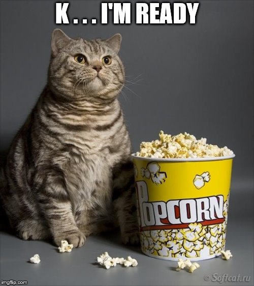 Cat eating popcorn | K . . . I'M READY | image tagged in cat eating popcorn | made w/ Imgflip meme maker