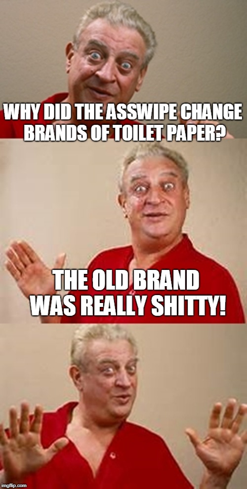 bad pun Dangerfield  | WHY DID THE ASSWIPE CHANGE BRANDS OF TOILET PAPER? THE OLD BRAND WAS REALLY SHITTY! | image tagged in bad pun dangerfield,shitty,shitty meme,memes,toilet paper,toilet humor | made w/ Imgflip meme maker