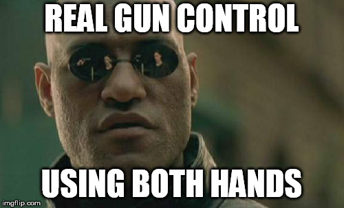 Matrix Morpheus Meme | REAL GUN CONTROL USING BOTH HANDS | image tagged in memes,matrix morpheus | made w/ Imgflip meme maker
