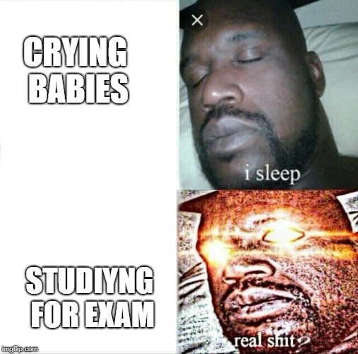 Sleeping Shaq Meme | CRYING BABIES; STUDIYNG FOR EXAM | image tagged in memes,sleeping shaq | made w/ Imgflip meme maker