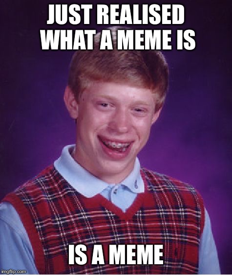 Bad Luck Brian | JUST REALISED WHAT A MEME IS; IS A MEME | image tagged in memes,bad luck brian | made w/ Imgflip meme maker