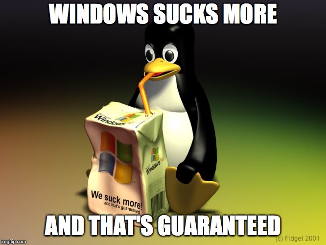 Windows Sucks | WINDOWS SUCKS MORE; AND THAT'S GUARANTEED | image tagged in windows,linux,memes | made w/ Imgflip meme maker
