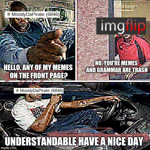 my life in a nutshell | NO. YOU'RE MEMES AND GRAMMAR ARE TRASH; HELLO, ANY OF MY MEMES ON THE FRONT PAGE? UNDERSTANDABLE HAVE A NICE DAY | image tagged in hello food? | made w/ Imgflip meme maker