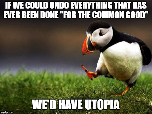 Or at least as close as we're likely to get | IF WE COULD UNDO EVERYTHING THAT HAS EVER BEEN DONE "FOR THE COMMON GOOD"; WE'D HAVE UTOPIA | image tagged in memes,unpopular opinion puffin | made w/ Imgflip meme maker