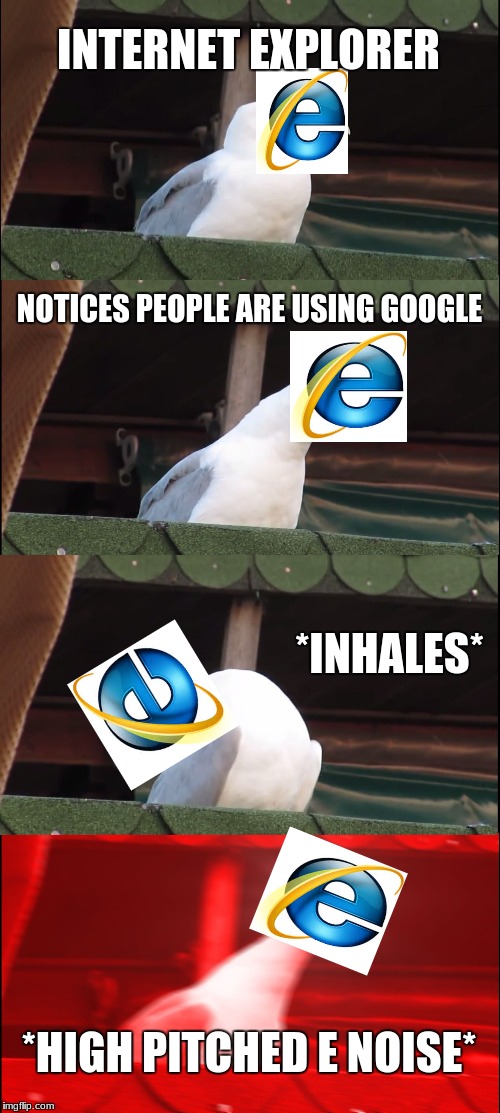 E | INTERNET EXPLORER; NOTICES PEOPLE ARE USING GOOGLE; *INHALES*; *HIGH PITCHED E NOISE* | image tagged in memes,inhaling seagull | made w/ Imgflip meme maker
