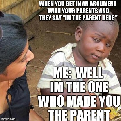 Third World Skeptical Kid | WHEN YOU GET IN AN ARGUMENT WITH YOUR PARENTS AND THEY SAY "IM THE PARENT HERE "; ME:  WELL IM THE ONE WHO MADE YOU THE PARENT | image tagged in memes,third world skeptical kid | made w/ Imgflip meme maker
