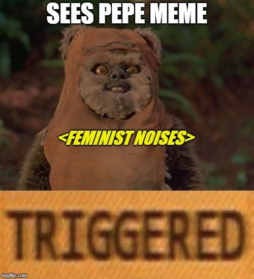 This one's for every pepe meme out there | SEES PEPE MEME <FEMINIST NOISES> | image tagged in ewok,pepe the frog,feminist rage,sjws,triggered,dank memes | made w/ Imgflip meme maker