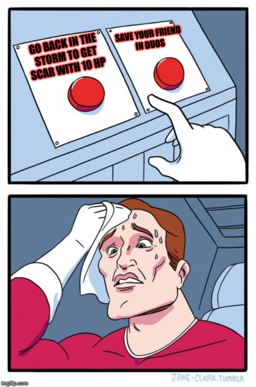 Two Buttons | SAVE YOUR FRIEND IN DUOS; GO BACK IN THE STORM TO GET SCAR WITH 10 HP | image tagged in memes,two buttons | made w/ Imgflip meme maker