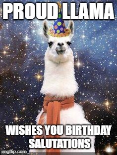 Drama Llama Birthday | PROUD LLAMA; WISHES YOU BIRTHDAY SALUTATIONS | image tagged in drama llama birthday | made w/ Imgflip meme maker