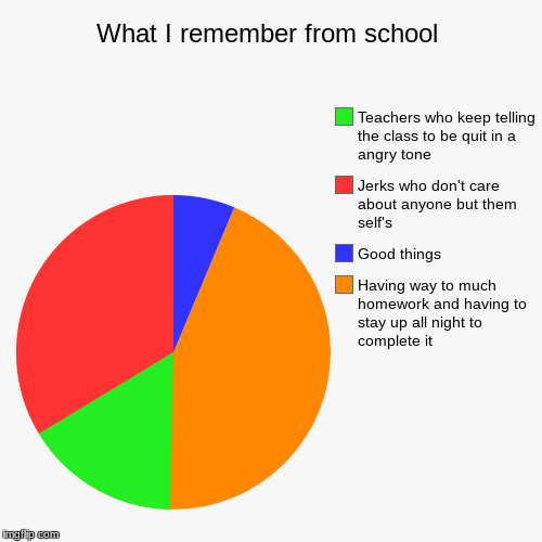 What I remember from school | Having way to much homework and having to stay up all night to complete it, Good things, Jerks who don't care  | image tagged in funny,pie charts | made w/ Imgflip chart maker