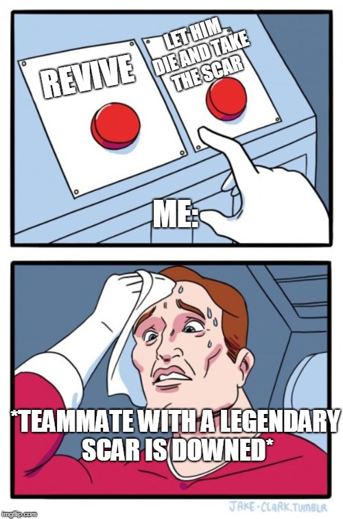Two Buttons Meme | LET HIM DIE AND TAKE THE SCAR; REVIVE; ME:; *TEAMMATE WITH A LEGENDARY SCAR IS DOWNED* | image tagged in memes,two buttons | made w/ Imgflip meme maker