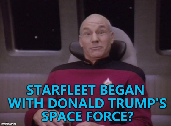 It all makes sense now... :) | STARFLEET BEGAN WITH DONALD TRUMP'S SPACE FORCE? | image tagged in picard surprised,memes,space force,starfleet,donald trump | made w/ Imgflip meme maker