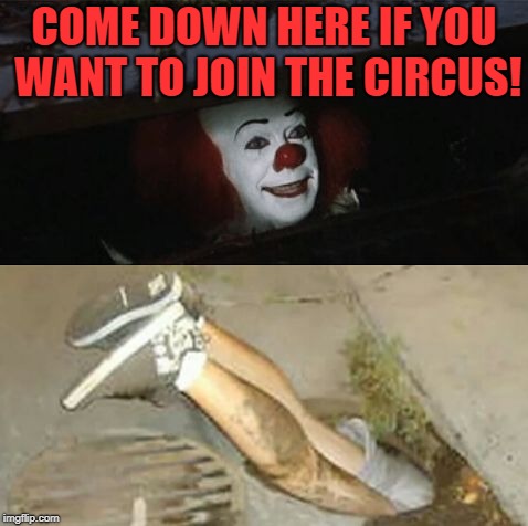 Pennywise sewer shenanigans | COME DOWN HERE IF YOU WANT TO JOIN THE CIRCUS! | image tagged in pennywise sewer shenanigans | made w/ Imgflip meme maker