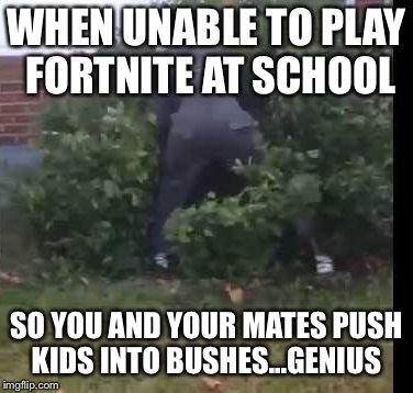 Hide your kids!Bush boy is coming soon to your school!!! | WHEN UNABLE TO PLAY FORTNITE AT SCHOOL; SO YOU AND YOUR MATES PUSH KIDS INTO BUSHES...GENIUS | image tagged in fortnit bush,fortnite | made w/ Imgflip meme maker
