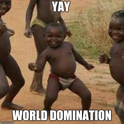 Third World Success Kid Meme | YAY; WORLD DOMINATION | image tagged in memes,third world success kid | made w/ Imgflip meme maker