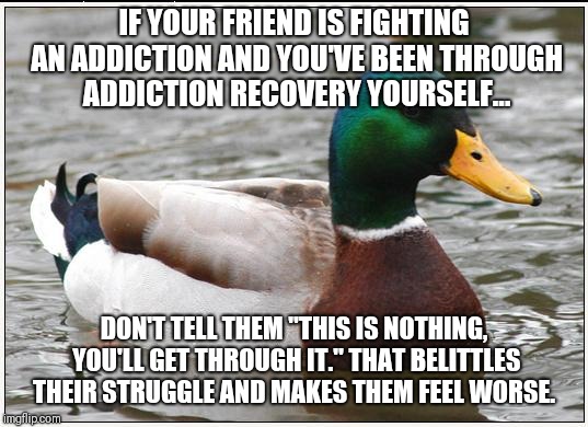 Actual Advice Mallard Meme | IF YOUR FRIEND IS FIGHTING AN ADDICTION AND YOU'VE BEEN THROUGH ADDICTION RECOVERY YOURSELF... DON'T TELL THEM "THIS IS NOTHING, YOU'LL GET THROUGH IT." THAT BELITTLES THEIR STRUGGLE AND MAKES THEM FEEL WORSE. | image tagged in memes,actual advice mallard | made w/ Imgflip meme maker