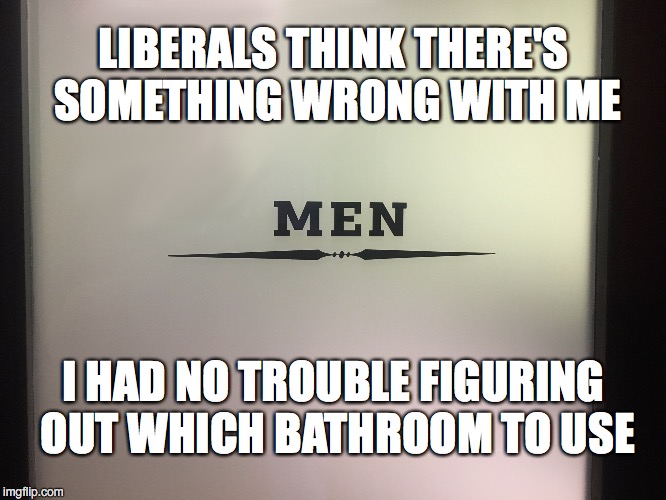 Bathrooms - No Problem | LIBERALS THINK THERE'S SOMETHING WRONG WITH ME; I HAD NO TROUBLE FIGURING OUT WHICH BATHROOM TO USE | image tagged in men,bathroom,transgender bathroom | made w/ Imgflip meme maker