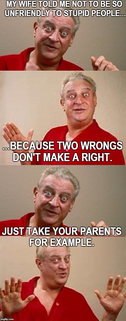 Bad Pun Rodney Dangerfield | MY WIFE TOLD ME NOT TO BE SO UNFRIENDLY TO STUPID PEOPLE... ...BECAUSE TWO WRONGS DON'T MAKE A RIGHT. JUST TAKE YOUR PARENTS FOR EXAMPLE. | image tagged in bad pun rodney dangerfield,stupid people,memes | made w/ Imgflip meme maker