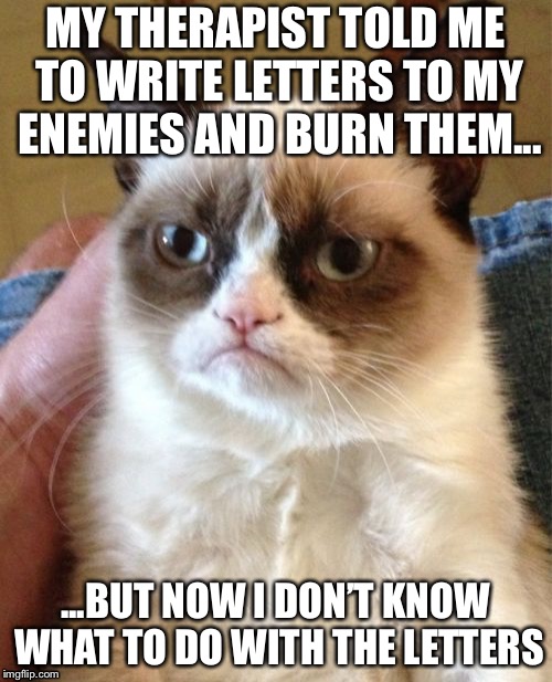 Grumpy Cat Meme | MY THERAPIST TOLD ME TO WRITE LETTERS TO MY ENEMIES AND BURN THEM... ...BUT NOW I DON’T KNOW WHAT TO DO WITH THE LETTERS | image tagged in memes,grumpy cat | made w/ Imgflip meme maker