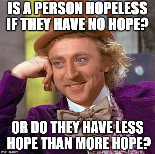 Creepy Condescending Wonka Meme | IS A PERSON HOPELESS IF THEY HAVE NO HOPE? OR DO THEY HAVE LESS HOPE THAN MORE HOPE? | image tagged in memes,creepy condescending wonka | made w/ Imgflip meme maker