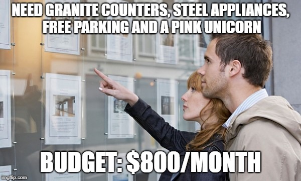 house hunters | NEED GRANITE COUNTERS, STEEL APPLIANCES, FREE PARKING AND A PINK UNICORN; BUDGET: $800/MONTH | image tagged in house hunters | made w/ Imgflip meme maker