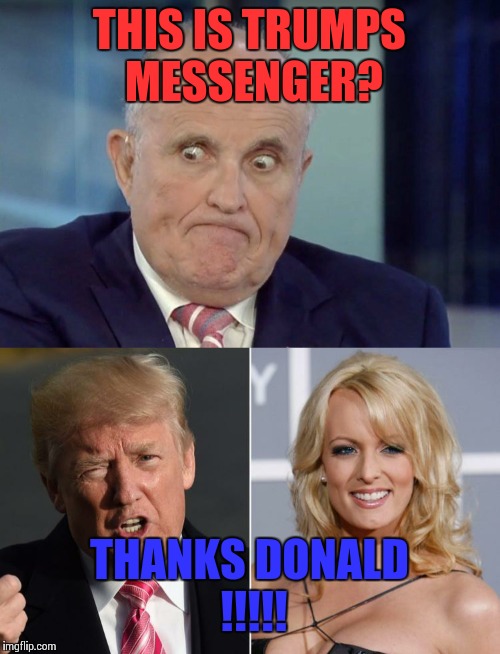 THIS IS TRUMPS MESSENGER? THANKS DONALD ! | image tagged in rudy giuliani,donald trump,stormy daniels | made w/ Imgflip meme maker