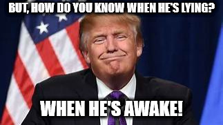 how do you know? |  BUT, HOW DO YOU KNOW WHEN HE'S LYING? WHEN HE'S AWAKE! | image tagged in trump lies | made w/ Imgflip meme maker