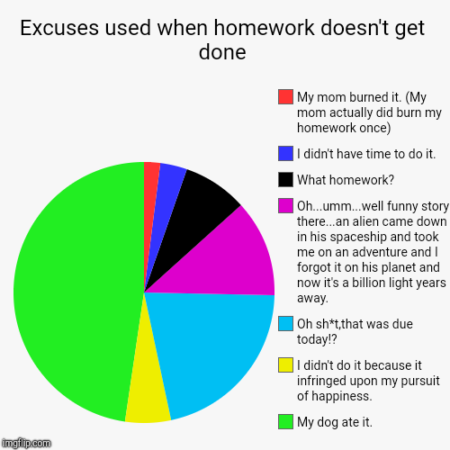 Why I Didn't Do My Homework | Excuses used when homework doesn't get done | My dog ate it., I didn't do it because it infringed upon my pursuit of happiness., Oh sh*t,tha | image tagged in funny,pie charts,school,excuses,homework | made w/ Imgflip chart maker