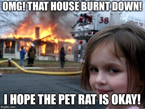 Disaster Girl | OMG! THAT HOUSE BURNT DOWN! I HOPE THE PET RAT IS OKAY! | image tagged in memes,disaster girl | made w/ Imgflip meme maker