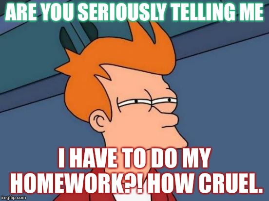Futurama Fry Meme | ARE YOU SERIOUSLY TELLING ME; I HAVE TO DO MY HOMEWORK?! HOW CRUEL. | image tagged in memes,futurama fry | made w/ Imgflip meme maker