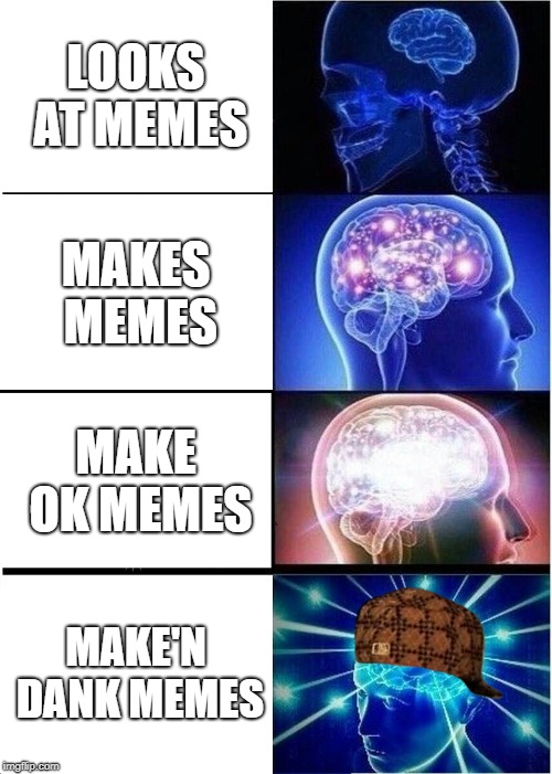 Expanding Brain Meme | LOOKS AT MEMES; MAKES MEMES; MAKE OK MEMES; MAKE'N DANK MEMES | image tagged in memes,expanding brain,scumbag | made w/ Imgflip meme maker