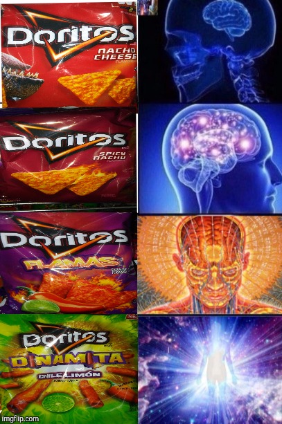 4 levels of Doritos Inferno  | image tagged in memes,expanding brain,funny,snacks,hot | made w/ Imgflip meme maker