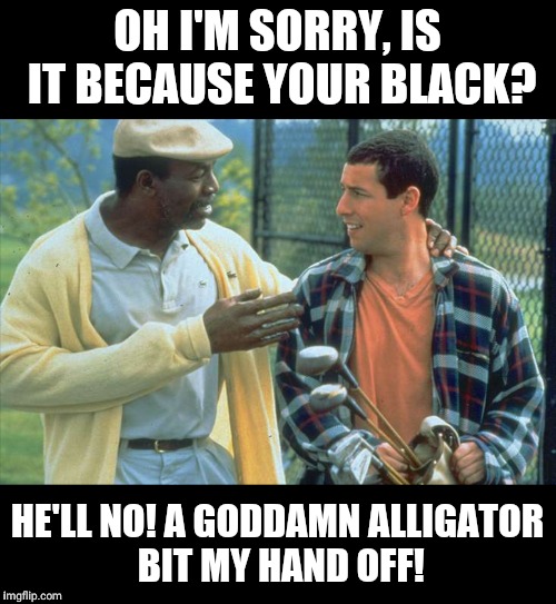 OH I'M SORRY, IS IT BECAUSE YOUR BLACK? HE'LL NO! A GODDAMN ALLIGATOR BIT MY HAND OFF! | image tagged in happy gilmore,adam sandler,golf,alligator,amputee | made w/ Imgflip meme maker