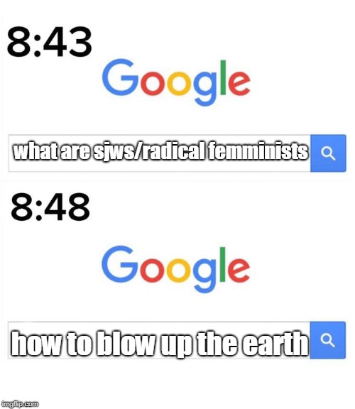 google before after | what are sjws/radical femminists; how to blow up the earth | image tagged in google before after | made w/ Imgflip meme maker