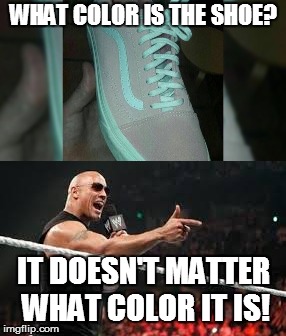 First the Dress, Now the Shoe | WHAT COLOR IS THE SHOE? IT DOESN'T MATTER WHAT COLOR IT IS! | image tagged in what color is the shoe,the rock it doesnt matter | made w/ Imgflip meme maker